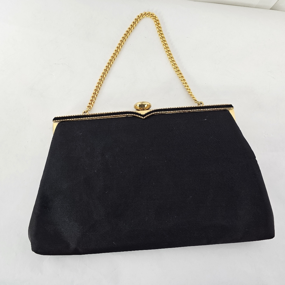 Vintage Coblentz Black Satin  Convertible Clutch Evening Bag Gold Chain Hinge